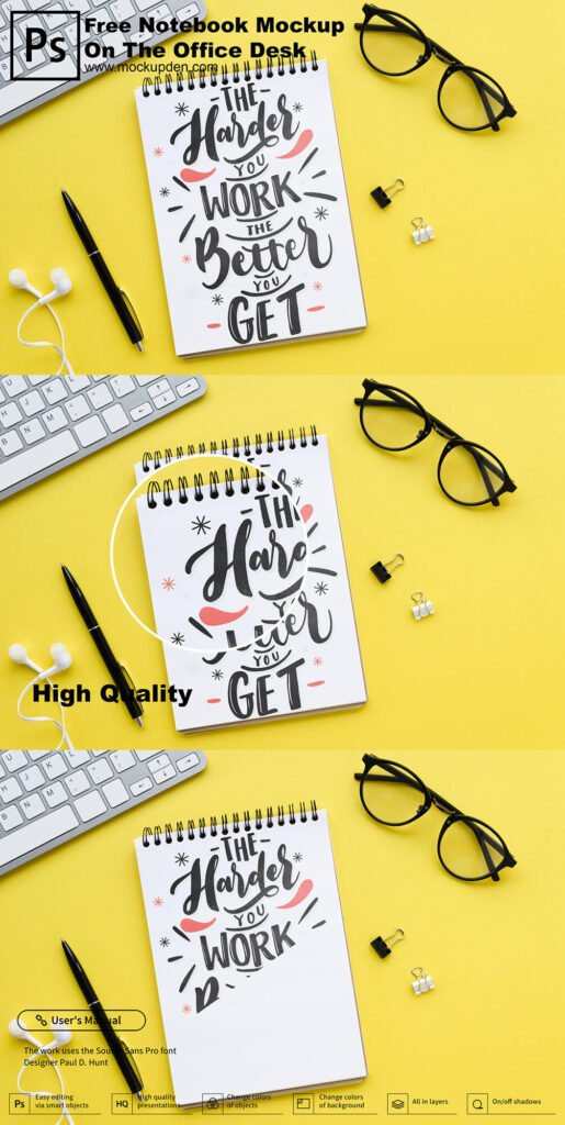 Free Notebook Mockup On The Office Desk PSD Template