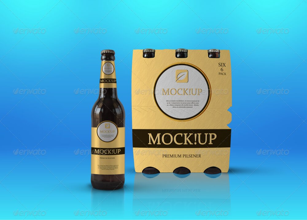 Pack of 6 Beer Bottles PSD Mockup: