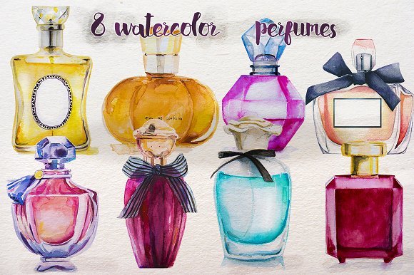 Perfume Bottle Prepared with Watercolors Design Template: