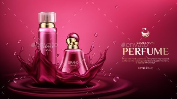 Perfume Deodorant Bottles on Water Splash Backdrop