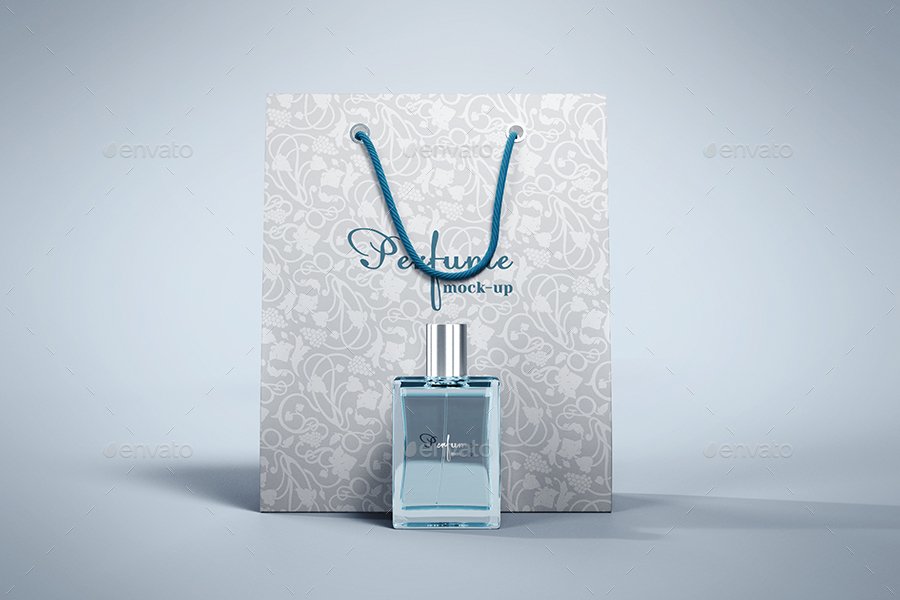Perfume bottle With Gift Bag Mockup design