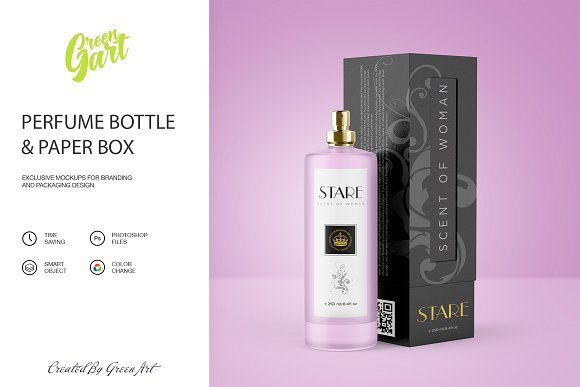 Pink Perfume Bottle with Black Paper Box Mockup: