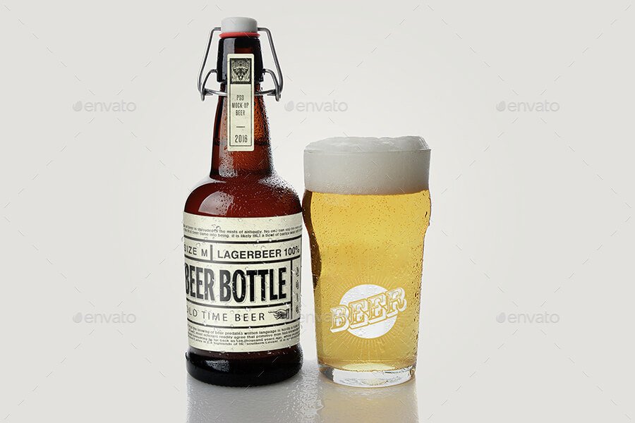 Short Beer Bottle with Glass PSD Mockup: