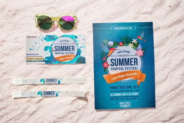 Summer event flyer and tickets on sand Free Psd