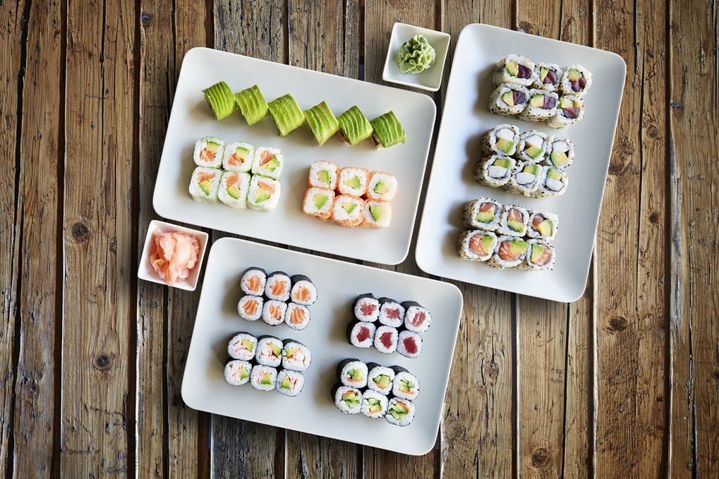 Sushi Set On Wooden Table Mockup