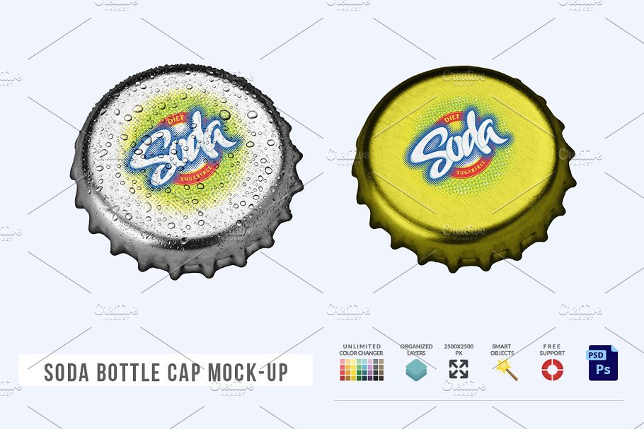 Two Different Colored Bottle Caps Mockup.
