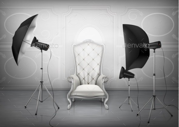 Vector Photo Studio with Armchair and Softboxes