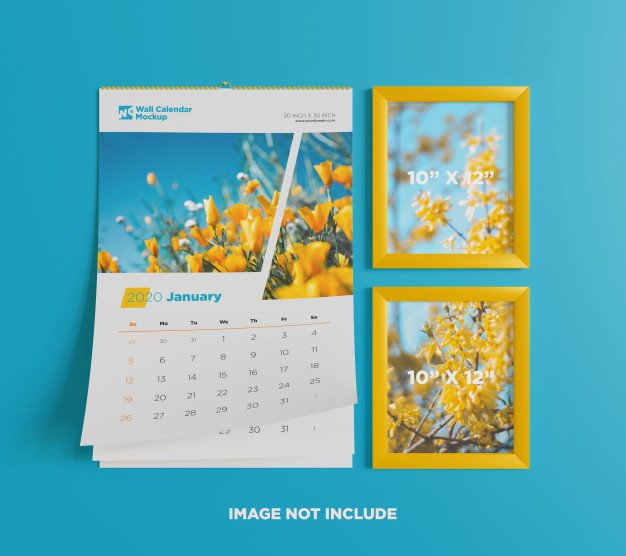 Wall calendar mockup with photo frame Premium Psd