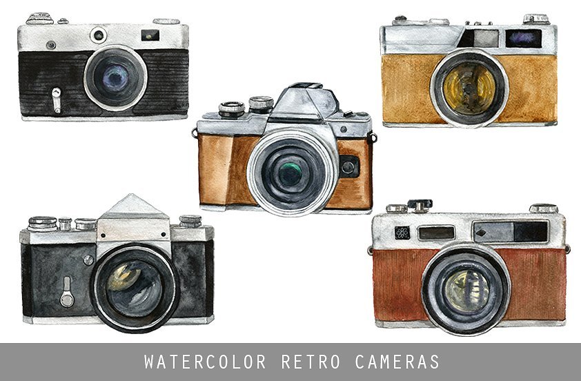 Water Color Print Retro Style Camera Photo Illustration