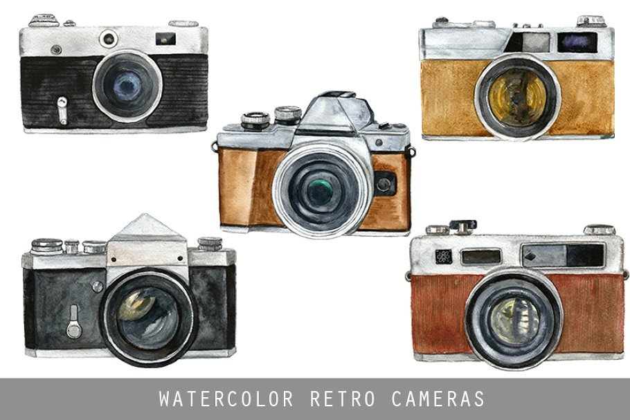Watercolor Retro Camera PSD Mockup.