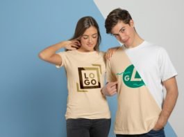 Free Couple Posing in T-shirts Mockup PSD Template