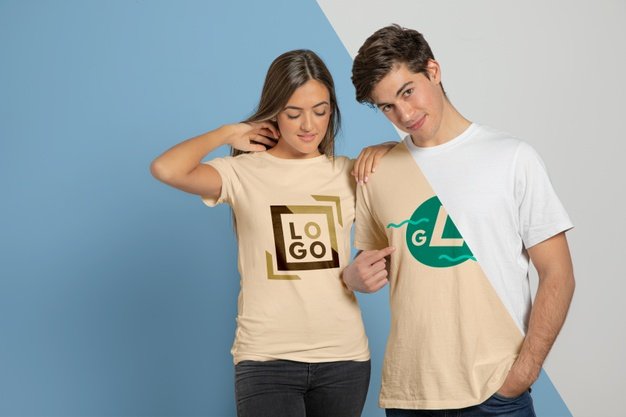 Free Model Couple Posing in T-Shirts Mockup PSD Template