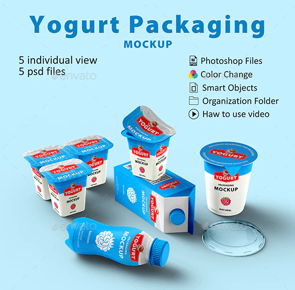 Yogurt Packaging Cup Mockup Along with Tetra Pack