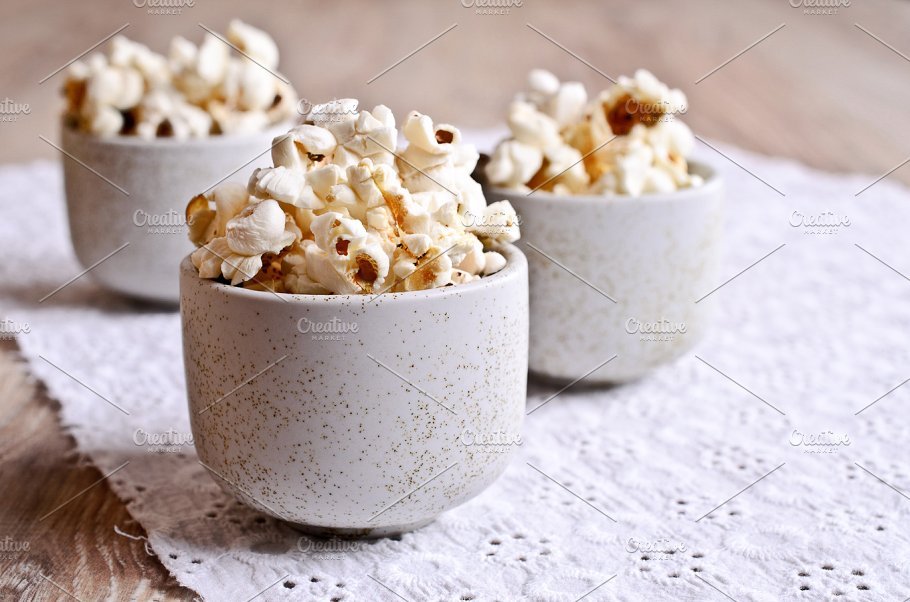 3 Bowls containing Popcorn Design template in PSD Format