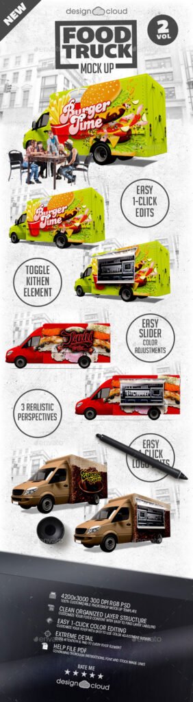3 Presentation Of Realistic Food Truck Mockup.