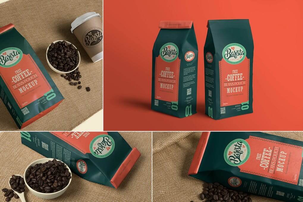 4 Different View Of A Coffee Packaging Bag Mockup