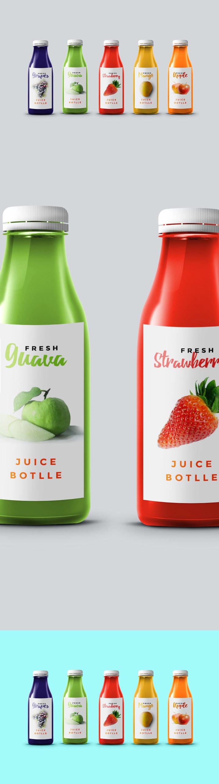 5 juice bottles mockup in PSD format