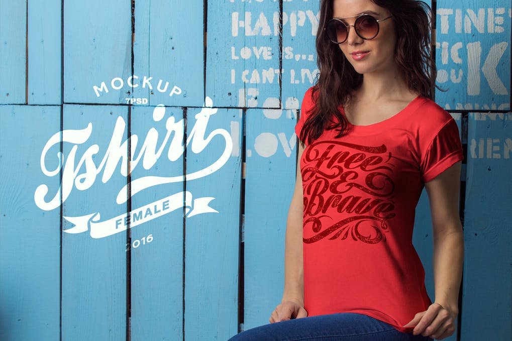 A Female Model In A Red Colored T-shirt Mockup. 