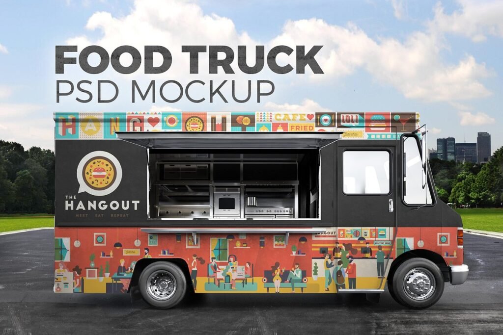 A Food Truck On the Road PSD Template.