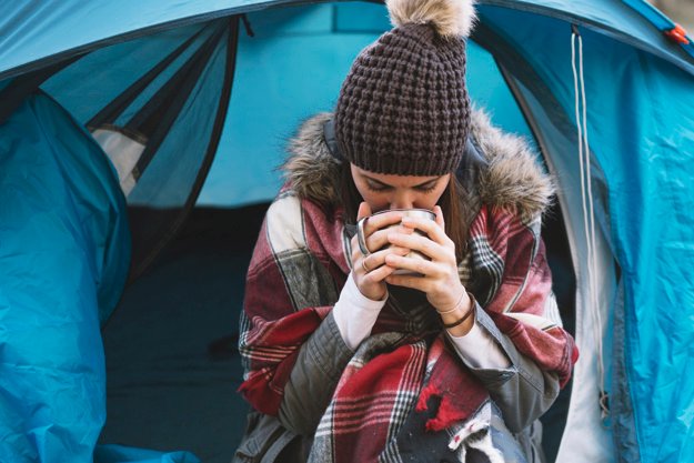 A Girl Drinking Coffee In Travel Mug Near The Tent Mockup