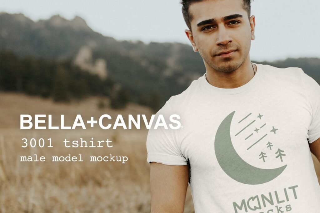 A Man In Bella+ Canvas Printed T-shirt Mockup. 