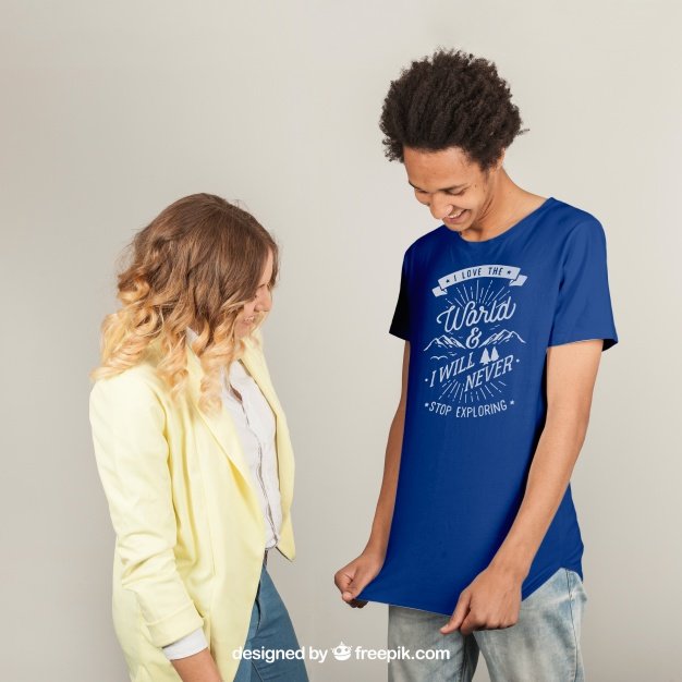 A Man Showing His T-shirt To a Girl PSD Template. 