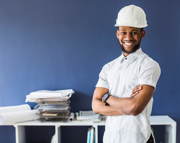 Afro-American Engineer Photo Wearing White Helmet