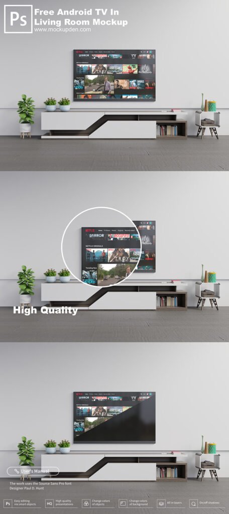 Free Android TV In Living Room Mockup PSD Template