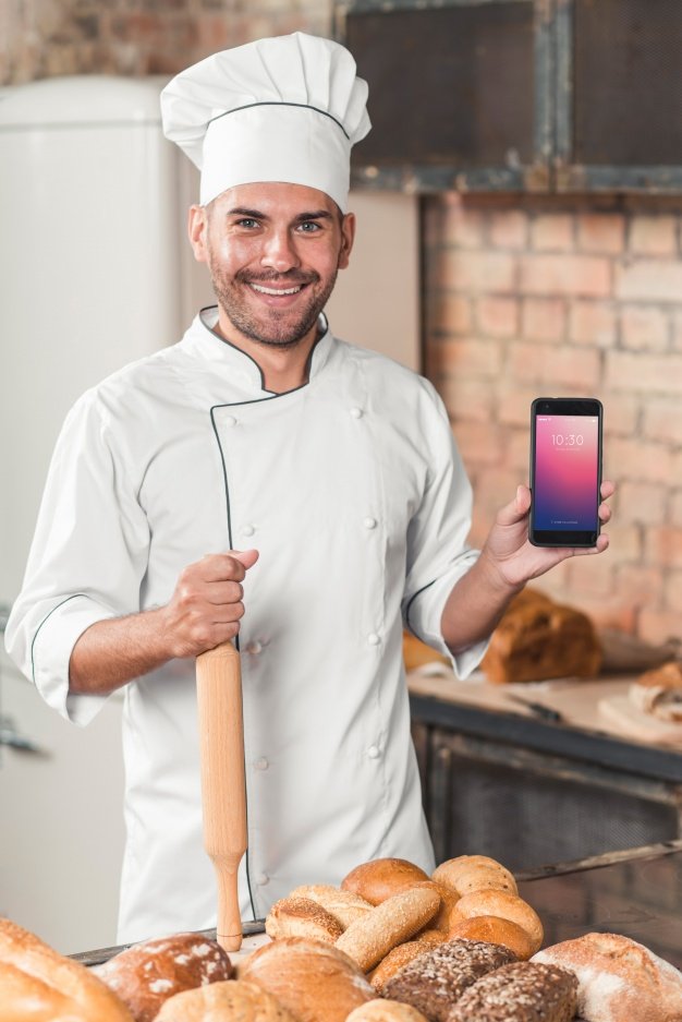 Bakery Chef with a smartphone PSD Mockup