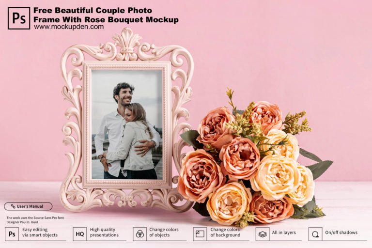Free Beautiful Couple Photo Frame With Rose Bouquet Mockup PSD Template