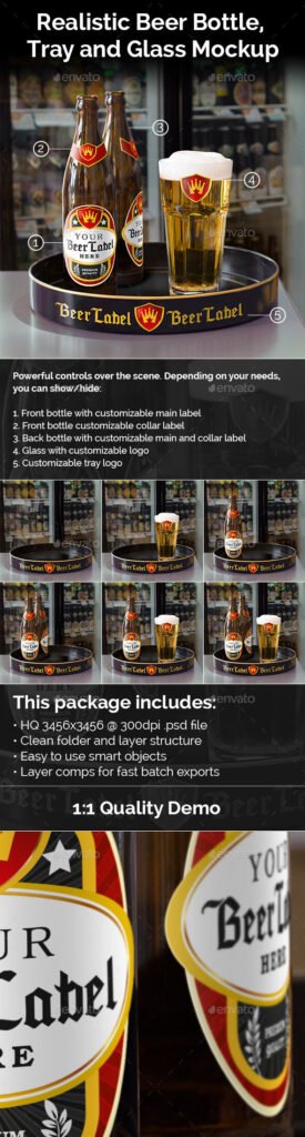 Beer Bottle, Glass, And A Tray PSD Mockup. 