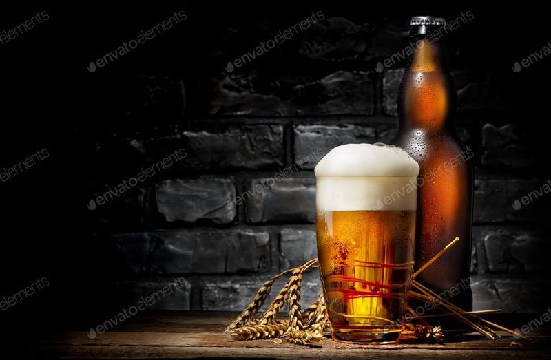 Beer In Glass With Transparent Bottle PSD Mockup