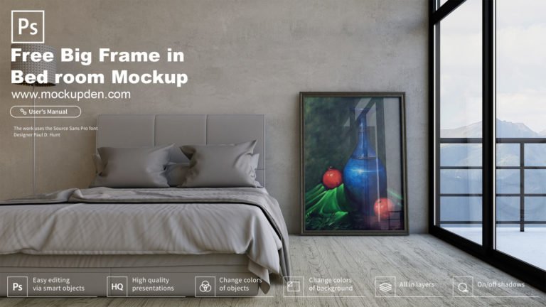 Free Big Frame In Bed Room Mockup PSD Template