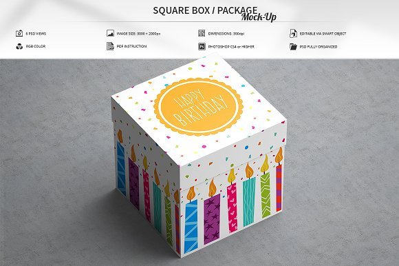 Birthday Cupcake Square Box Mockup PSD