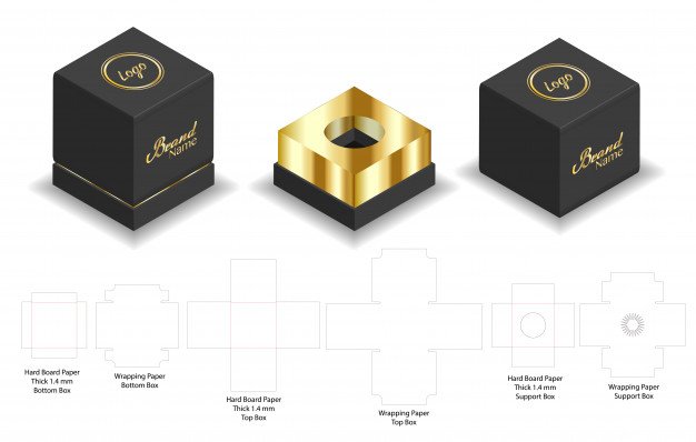 Black and golden color cardboard mockup box.