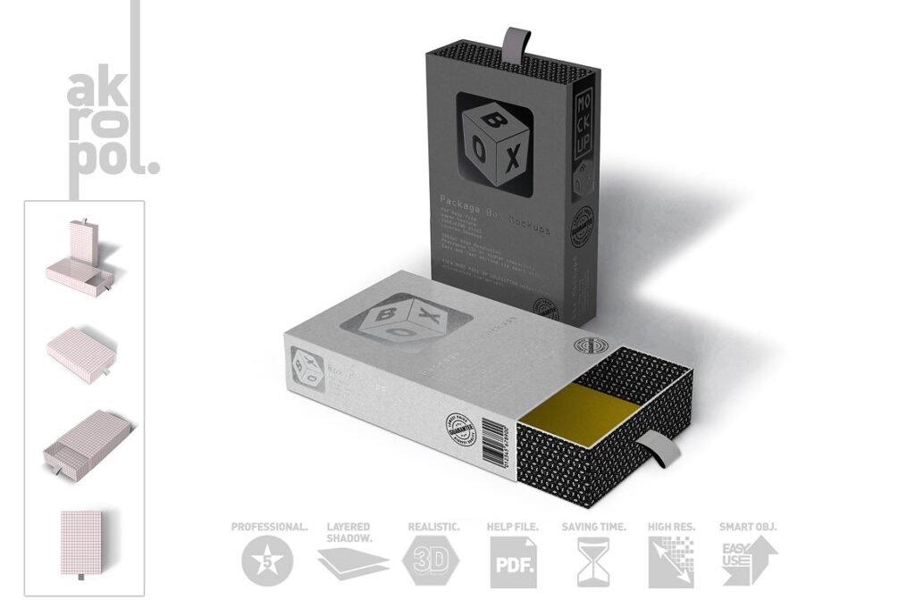 Black and grey color cardboard mockup box.