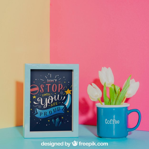 Blue Cup With Photo Frame Mockup