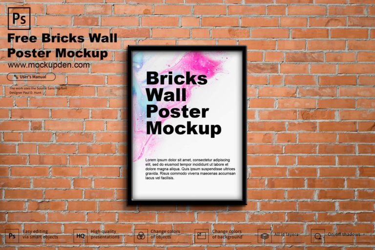 Free Bricks Wall Poster Mockup PSD Template