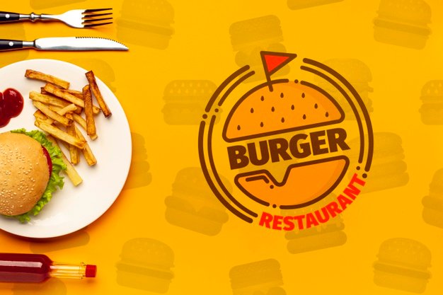 Burger restaurant and plate on fast food doodle background Free Psd