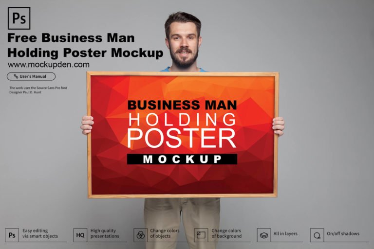 Free Business Man Holding Poster Mockup PSD Template