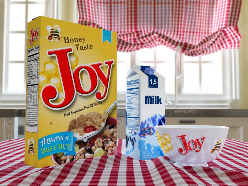 Cereal Box and Cereal Bowls and Carton of Milk Mock-Up