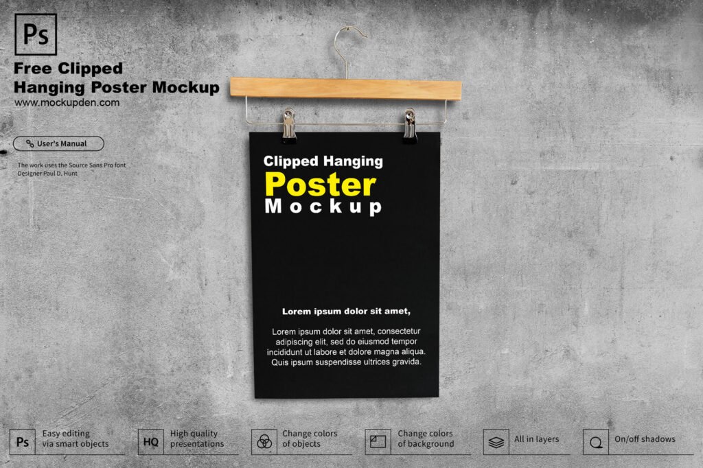 Download Free Clipped Hanging Poster Mockup PSD Template - Mockupden