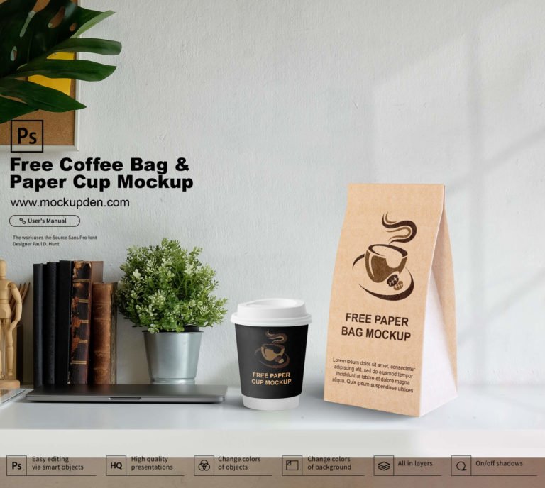 Free Coffee Bag & Paper Cup Mockup PSD Template