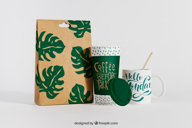 Creative Leaves Print Paper Coffee Bag And Cup Mockup