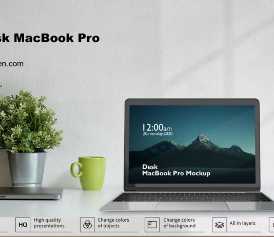 Free Desk MacBook Pro Mockup PSD Template