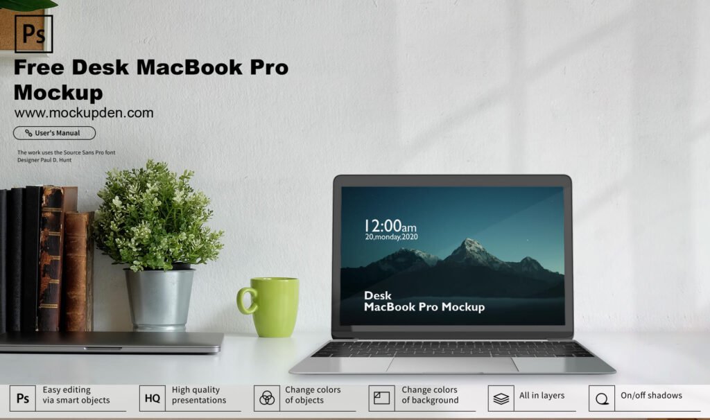 Download Free Desk MacBook Pro Mockup PSD Template - Mockup Den