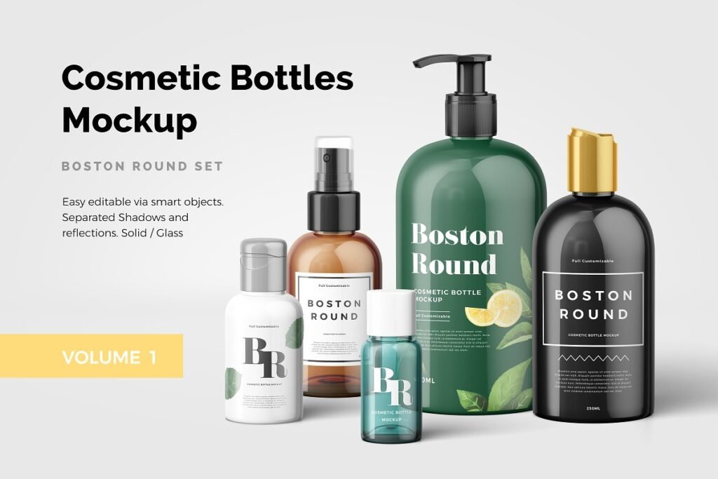 Different Designs Of Cosmetic Bottles Mockup