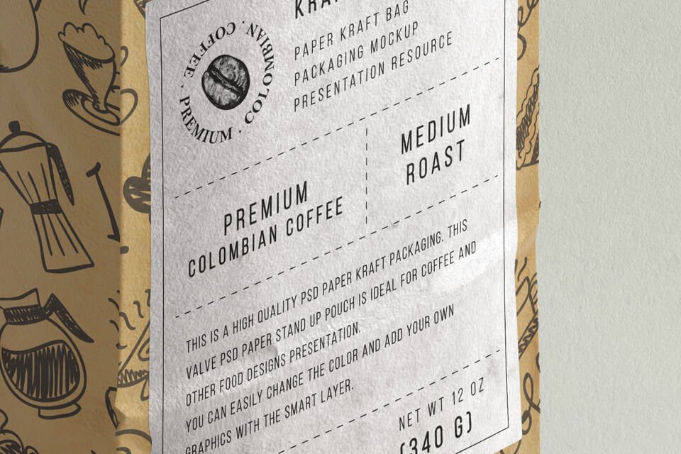 Different Elements Printed Kraft Paper Made Coffee Bag Mockup