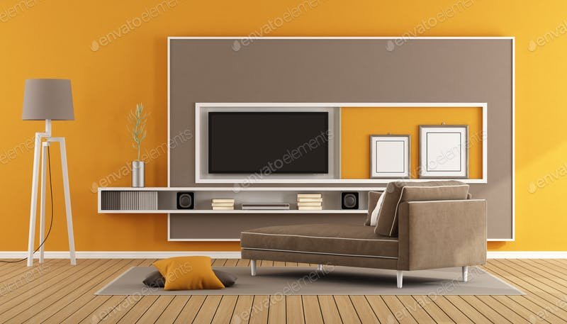 Drawing Room Scene With TV On Desk Mockup