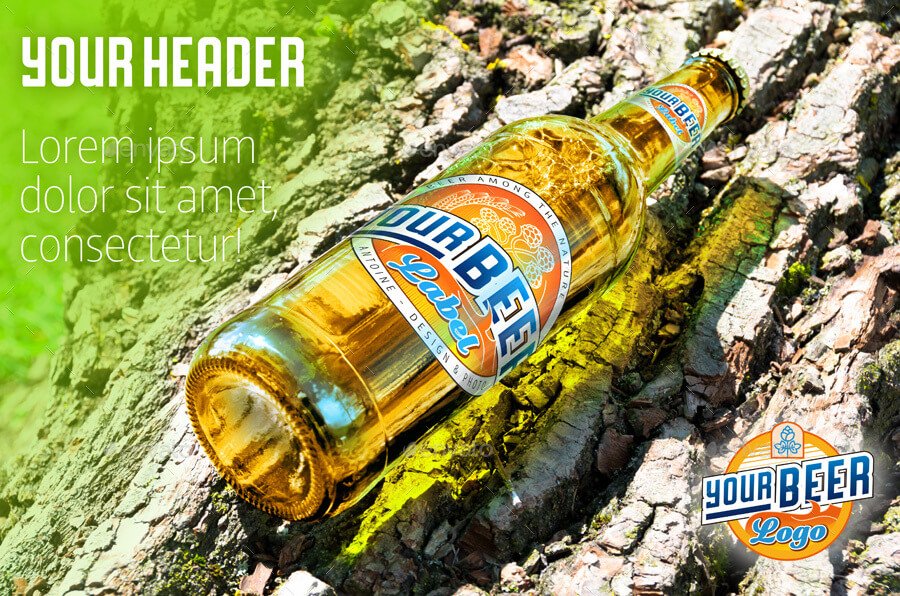 Editable Beer Bottle Placed In Nature PSD. 